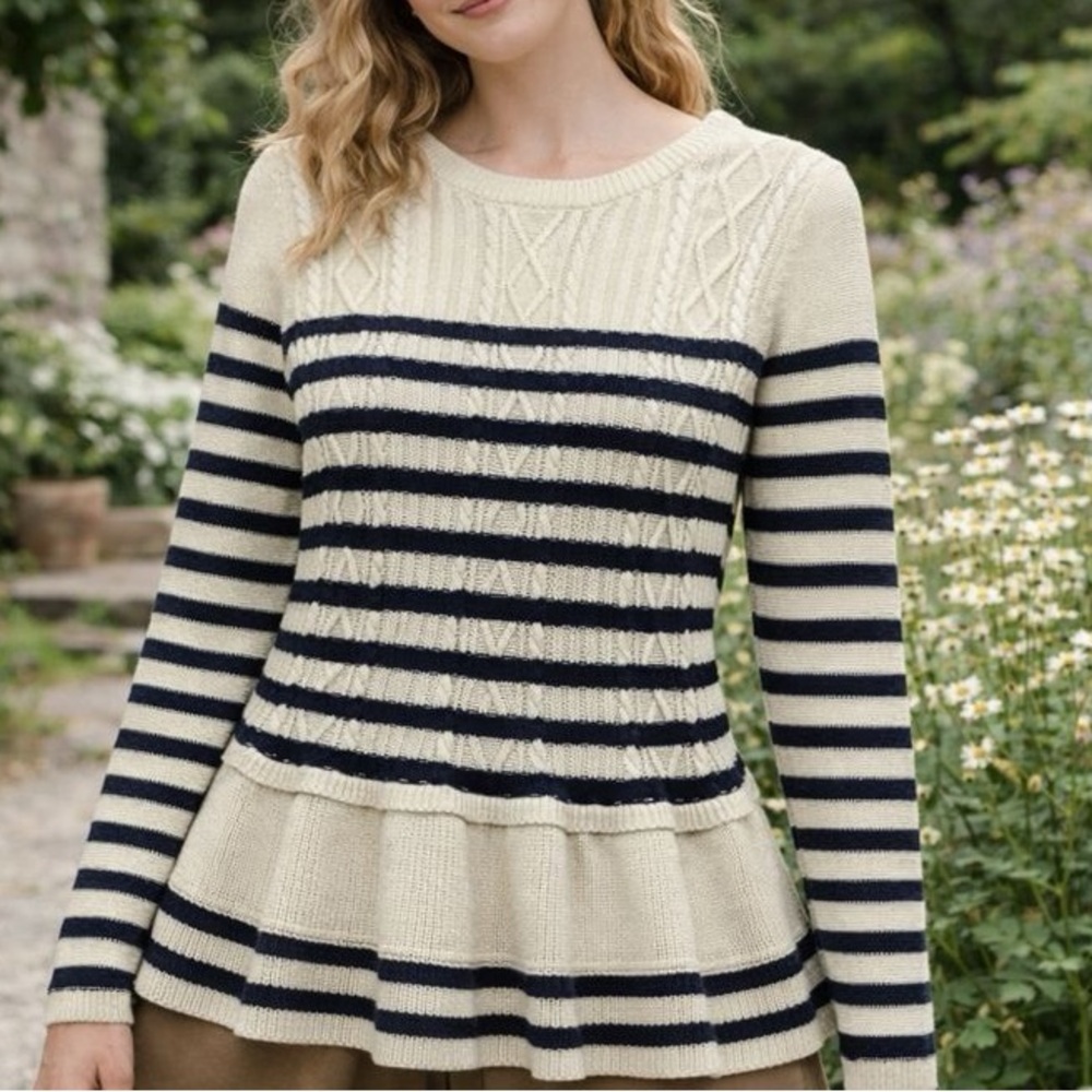 Talbots Sweater Womens‎ Small Beige Blue Striped Peplum Cableknit Breton Preppy